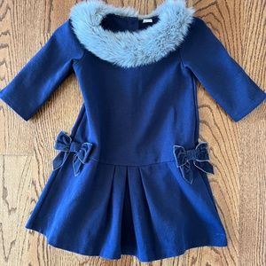 Beautiful Janie and Jack navy dress with fur collar, size 5!
